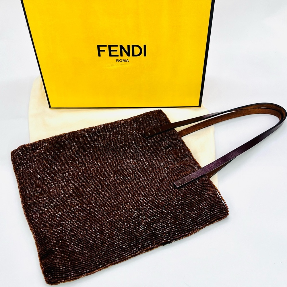 RARE! AUTH FENDI BROWN BEADED MINI SACK TOTE VINTAGE DAY - EVENING BAG SPARKLE ✨